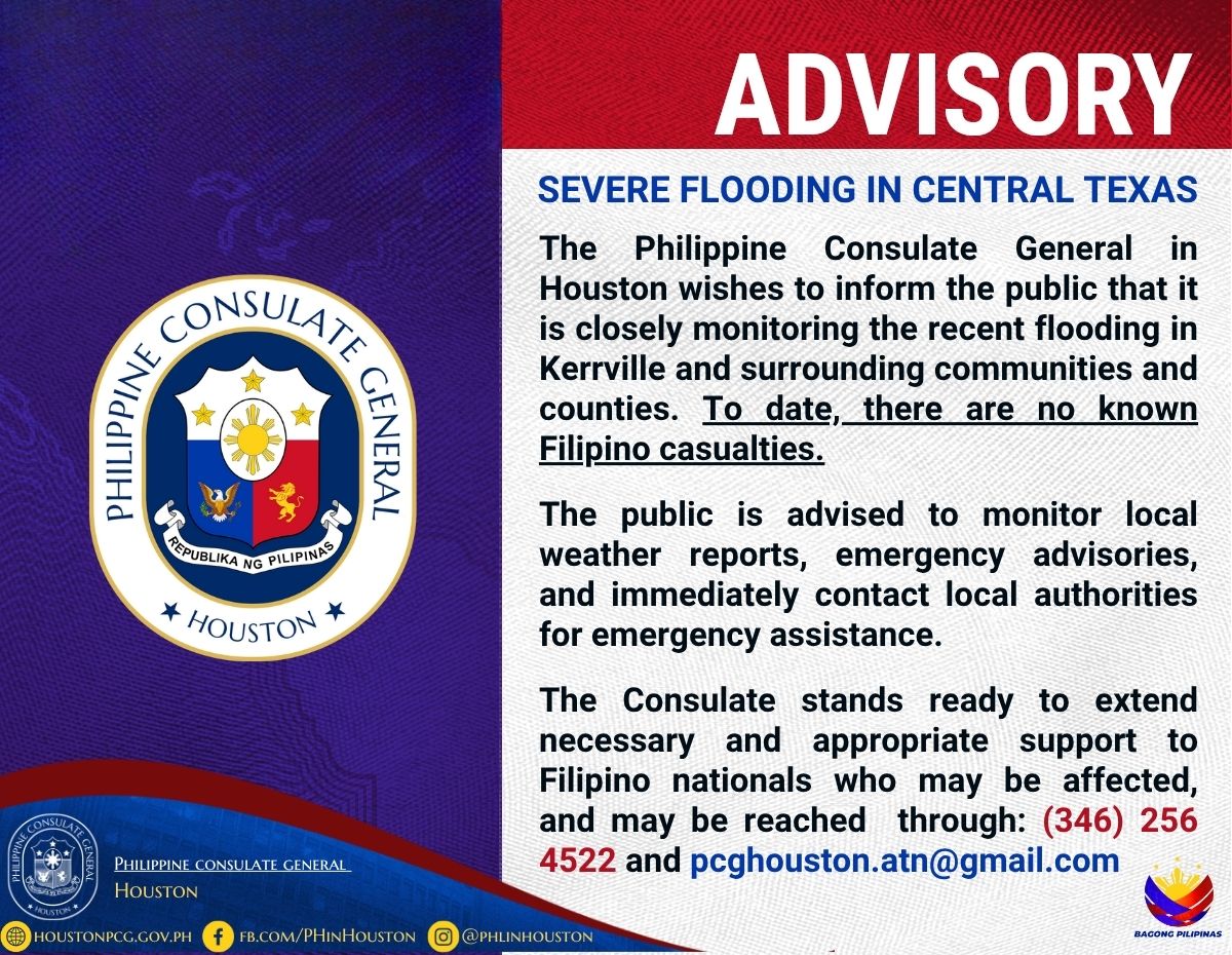 TINGNAN: Patuloy na binabantayan ng Philippine Consulate General sa Houston, Texas ang naiulat na malawakang pagbaha sa Kerrville at karatig lugar.

Para sa mga Pilipinong apektado, makipag-ugnayan sa:
📞 (346) 256 4522
📧 pcghouston.atn@gmail.com