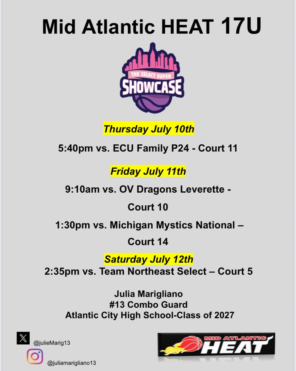 Julie Marigliano (@juliemarig13) on Twitter photo Here's our schedule for <a href="/SelectEventsBB/">Select Events Basketball</a> Select Super Showcase this week in Ohio! please come check us out if you can!
<a href="/HeatMid/">Mid Atlantic Heat</a> <a href="/Acladyvikings/">ACHS Lady Vikings Basketball</a> <a href="/mikemillsnc/">Mike Mills WBB College Recruiting</a> Here's our schedule for <a href="/SelectEventsBB/">Select Events Basketball</a> Select Super Showcase this week in Ohio! please come check us out if you can!
<a href="/HeatMid/">Mid Atlantic Heat</a> <a href="/Acladyvikings/">ACHS Lady Vikings Basketball</a> <a href="/mikemillsnc/">Mike Mills WBB College Recruiting</a>