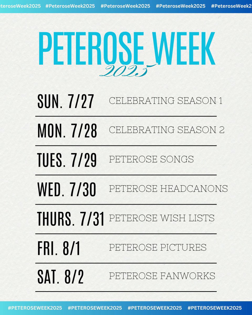 PeteroseWeek's tweet image. The details for the upcoming #PeteroseWeek2025! ❤️
Get ready for a full week of fun!
#TheNightAgent #Peterose #Sutherkin @ShawnRyanTV @TNAWriters @netflix @SonyPictures