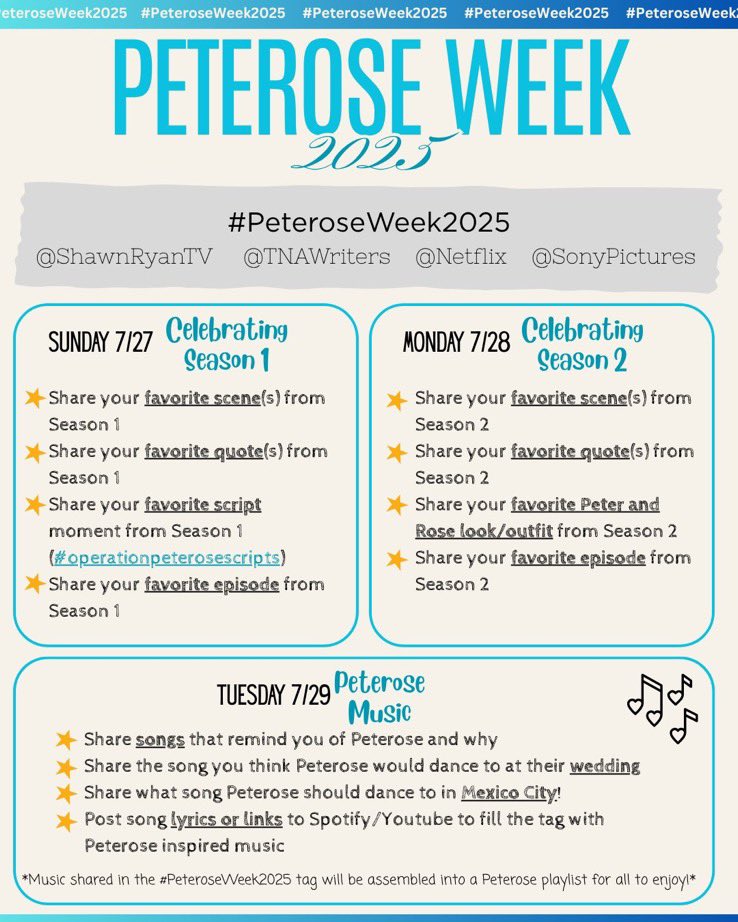 PeteroseWeek's tweet image. The details for the upcoming #PeteroseWeek2025! ❤️
Get ready for a full week of fun!
#TheNightAgent #Peterose #Sutherkin @ShawnRyanTV @TNAWriters @netflix @SonyPictures