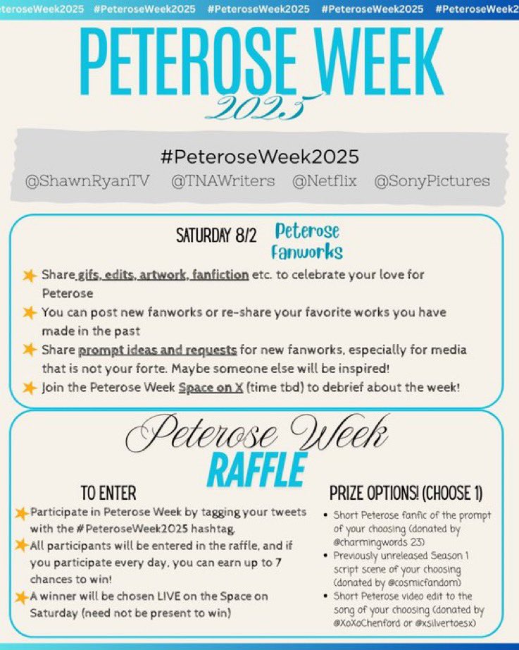 PeteroseWeek's tweet image. The details for the upcoming #PeteroseWeek2025! ❤️
Get ready for a full week of fun!
#TheNightAgent #Peterose #Sutherkin @ShawnRyanTV @TNAWriters @netflix @SonyPictures