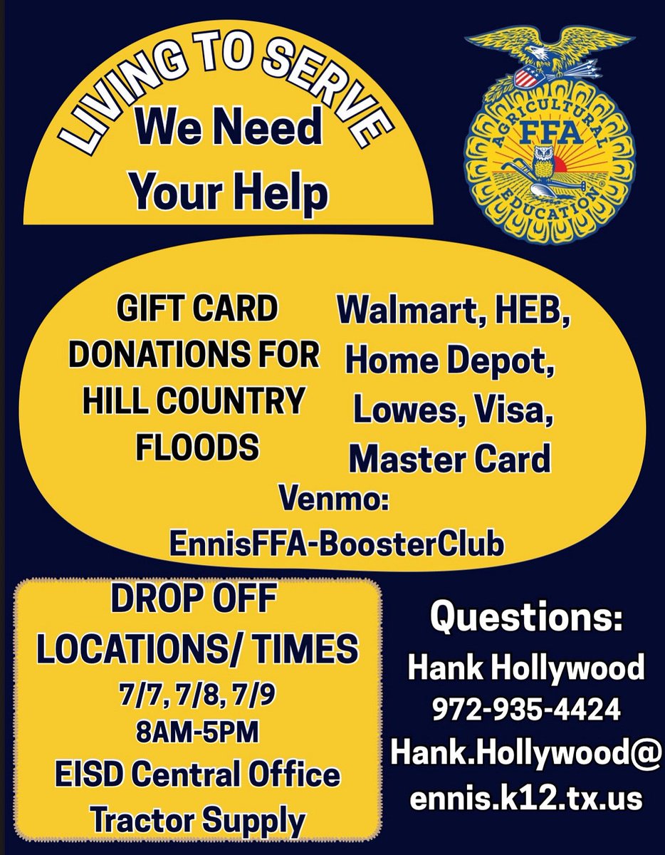 EnnisISD's tweet image. ‼️Ennis FFA is answering the call to serve!‼️
We’re collecting gift cards to help FFA chapters hit by the Texas Hill Country floods.

📍 Drop off cards (see flyer)
💸 Or donate via Venmo to Ennis FFA Boosters

All donations go out this Thursday. Let’s support our fellow Texans!