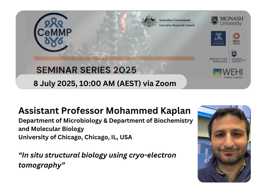 ARC CCeMMP (@ccemmp) on Twitter photo Seminar alert! ⏰ We welcome Assistant Professor Mohammed Kaplan, Department of Microbiology & Department of Biochemistry and Molecular Biology University of Chicago, Chicago, IL, USA.
“In situ structural biology using cryo-electron tomography”
More info: ccemmp.org/events/ccemmp-… Seminar alert! ⏰ We welcome Assistant Professor Mohammed Kaplan, Department of Microbiology & Department of Biochemistry and Molecular Biology University of Chicago, Chicago, IL, USA.
“In situ structural biology using cryo-electron tomography”
More info: ccemmp.org/events/ccemmp-…