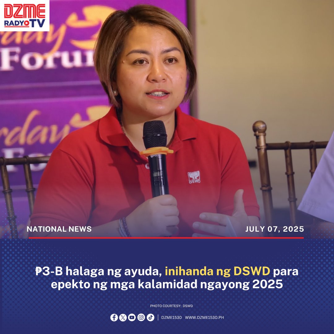 Sinabi ni DSWD Spokesperson Irene Dumlao na gagamitin nila ang pondo para sa mga request ng iba’t ibang local government units na naapektuhan ng kalamidad. | via  DZME News

Basahin: tinyurl.com/4dsax78v