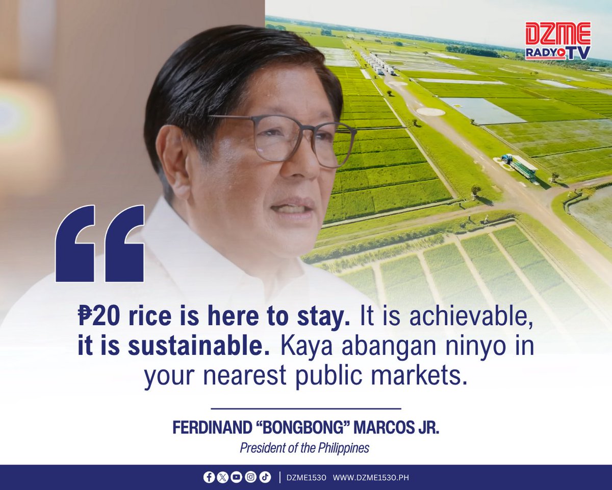 PBBM, nilinaw na hindi panandalian ang ₱20 per kilo ng bigas

Nilinaw ni Pangulong Ferdinand R. Marcos Jr. na hindi pansamantala ang layunin ng pamahalaan na maibaba sa ₱20 kada kilo ang presyo ng bigas. | via DZME News
