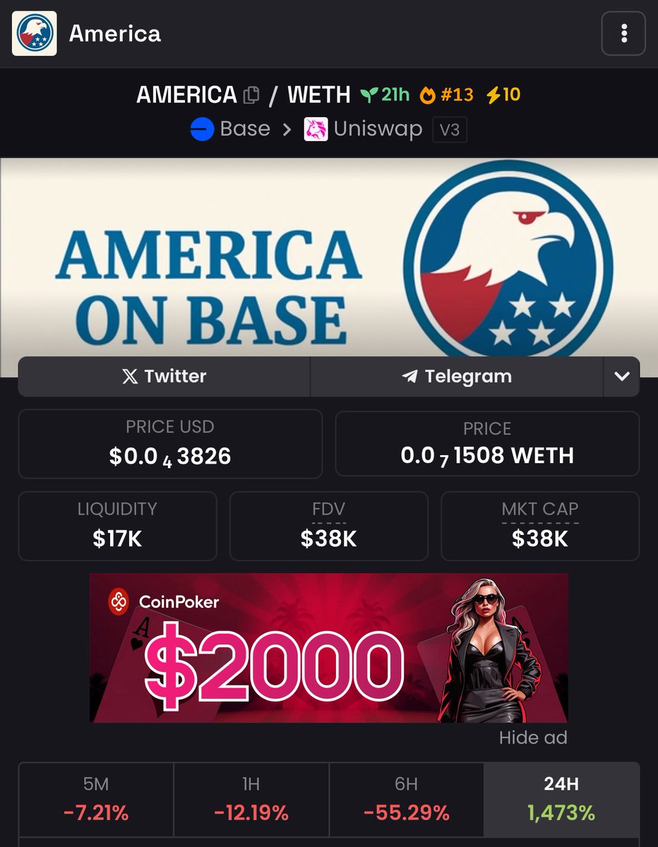 The OG and the first move on base with $AMERICA name

Launched on <a href="/apedotstore/">Ape.Store | Memepad on Base</a> 

dexscreener.com/base/0x6d2a935…