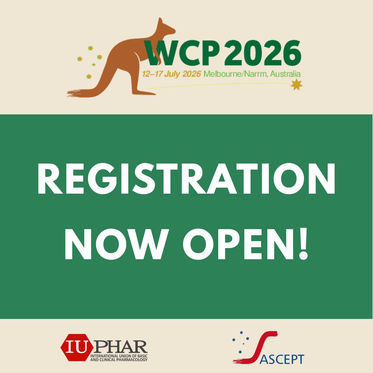 📢Registration now open for #WCP2026: 20th World Congress of Basic and Clinical Pharmacology in Melbourne/Narrm, Australia.
Register now 👉 wcp2026.org
#visitmelbourne #visitvictoria #meetinmelbourne #ASCEPT #IUPHAR