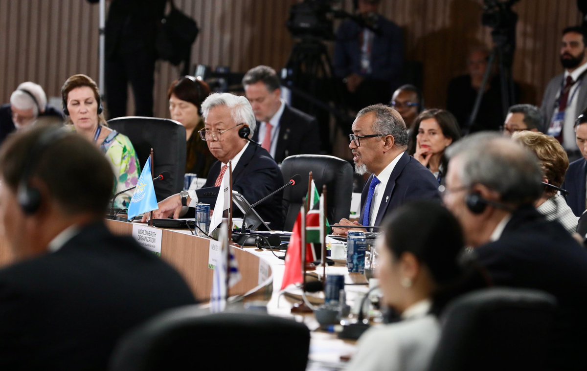 DrTedros's tweet photo. My key messages to the leaders at the #BRICS2025 Summit:

1. Challenges and Importance of Multilateralism — The adoption of the #PandemicAgreement is a clear indication that multilateralism is alive and well.

2. Cuts to Official Development Assistance — Moving forward, it is essential for countries to mobilize domestic resources and promote self-reliance to achieve #HealthForAll.

3. AI and Other Digital Tools — The future of health services is digital, so investing in AI and other digital tools is vital. It is crucial that these tools are used safely, ethically, and equitably.

By working together through multilateralism, we can create a healthier, safer, and fairer world.