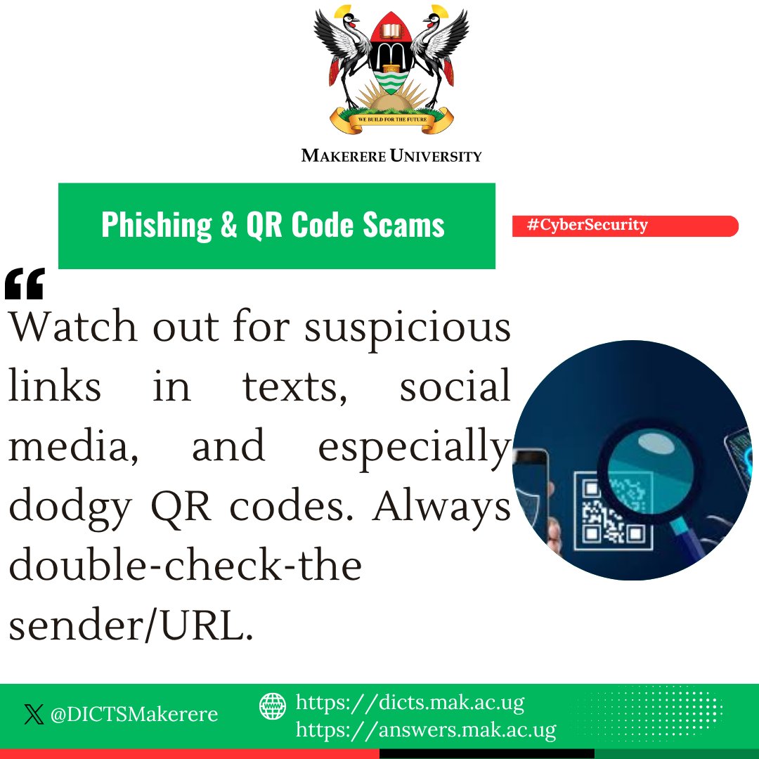 Directorate For ICT Support - Makerere University (@dictsmakerere) on Twitter photo Phishing isn't just about dodgy emails anymore! Watch out for suspicious links in texts, social media messages, and even malicious QR codes popping up on campus flyers, 'official' notices, or in emails. These are designed to steal your login credentials. <a href="/MakGuildLeague/">MAK Guild League</a> <a href="/Makerere/">Makerere University</a> Phishing isn't just about dodgy emails anymore! Watch out for suspicious links in texts, social media messages, and even malicious QR codes popping up on campus flyers, 'official' notices, or in emails. These are designed to steal your login credentials. <a href="/MakGuildLeague/">MAK Guild League</a> <a href="/Makerere/">Makerere University</a>
