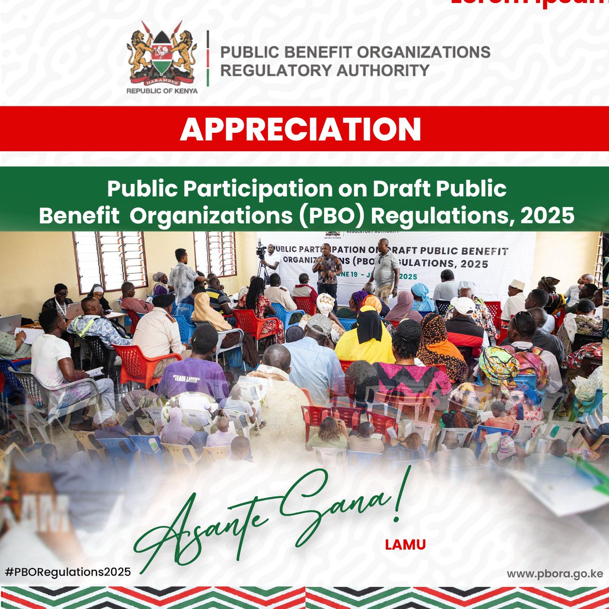 PBO REGULATORY AUTHORITY (@ngoboardkenya) on Twitter photo Asante Kaunti ya Lamu.^RC #PBORegulations2025
<a href="/InteriorKE/">Ministry of Interior | Kenya</a> <a href="/kipmurkomen/">KIPCHUMBA MURKOMEN, E.G.H</a> <a href="/ray_omollo/">Dr. Raymond Omollo — CBS</a>
<a href="/Laxmana_Kiptoo/">Dr. Laxmana Kiptoo, PhD., OGW</a> <a href="/AmnestyKenya/">Amnesty Kenya</a> <a href="/cff_kenya/">Civic Freedoms Forum - CFF</a>
<a href="/CRECOKenya/">CRECO Kenya</a> <a href="/SDGsKenyaForum/">Coalition for Sustainable Development</a> <a href="/HennetKenya/">Health NGOs Network (HENNET)</a>
<a href="/InformAction_KE/">InformAction Kenya</a> <a href="/HennetKenya/">Health NGOs Network (HENNET)</a> Asante Kaunti ya Lamu.^RC #PBORegulations2025
<a href="/InteriorKE/">Ministry of Interior | Kenya</a> <a href="/kipmurkomen/">KIPCHUMBA MURKOMEN, E.G.H</a> <a href="/ray_omollo/">Dr. Raymond Omollo — CBS</a>
<a href="/Laxmana_Kiptoo/">Dr. Laxmana Kiptoo, PhD., OGW</a> <a href="/AmnestyKenya/">Amnesty Kenya</a> <a href="/cff_kenya/">Civic Freedoms Forum - CFF</a>
<a href="/CRECOKenya/">CRECO Kenya</a> <a href="/SDGsKenyaForum/">Coalition for Sustainable Development</a> <a href="/HennetKenya/">Health NGOs Network (HENNET)</a>
<a href="/InformAction_KE/">InformAction Kenya</a> <a href="/HennetKenya/">Health NGOs Network (HENNET)</a>