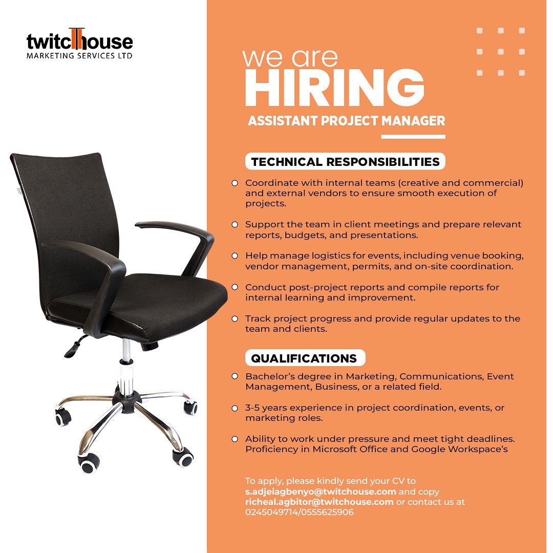twitchouse's tweet image. We’re Hiring

Join us as an Assistant Project Manager!  If you have experience in project coordination and a passion for driving results, we want to hear from you!

📧 Apply: s.adjeiagbenyo@twitchouse.com  
📞 Inquiries: 0245049714 / 0555625906

#jobvacancies  #werehiring