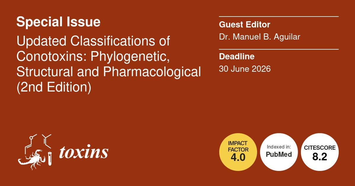 📢Special Issue "Updated Classifications of #Conotoxins: Phylogenetic, Structural and Pharmacological (2nd Edition)" is open for submissions!

Thanks to Dr.  Dr. Manuel B. Aguilar for being the Guest Editor.

Click this link to see the potential topics: mdpi.com/si/246637