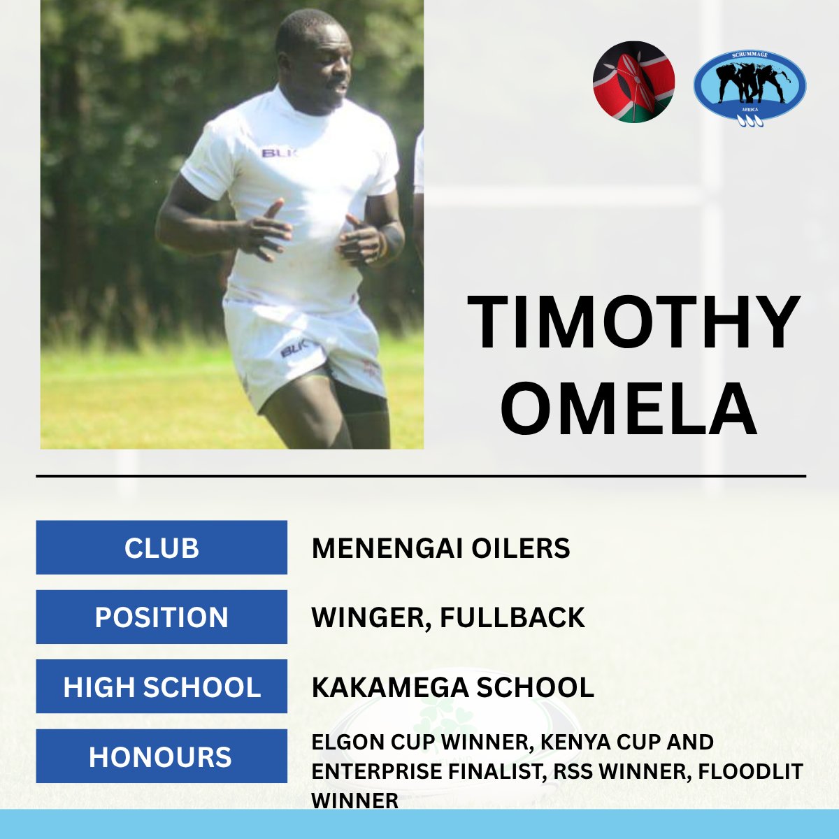 Scrummageafrica's tweet photo. #KnowUrSimbas -Timothy Omela
Position: Winger/Fullback
Club: Menengai Oilers
School: Kakamega School
Achievements: National 15s Champ 2017, Rep'd Kenya in 2019 World Junior Trophy, Floodlit winner 2024, 2024 RSS winner, Kenya Cup and Enterprise Cup finalist
#RugbyKe
#RACUG25 https://t.co/MgjouP4dLd
