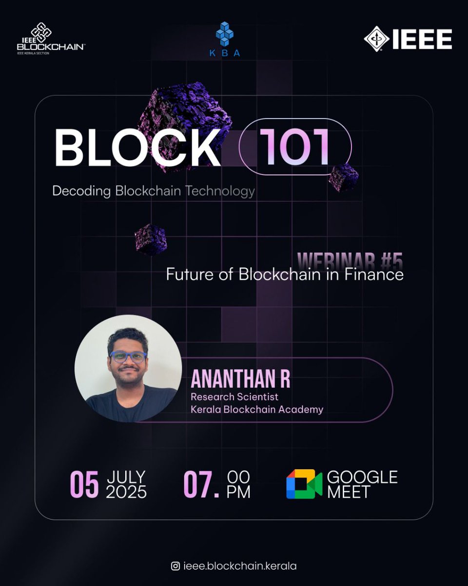 kbaiiitmk's tweet image. Wrapped up the 5th & final session of the #Block101 webinar series - "Future of Blockchain in Finance" by Ananthan R! Thanks to IEEE Kerala Blockchain Group & attendees for the opportunity & engagement! #Blockchain #Finance #IEEE #Kerala #WebinarSeries