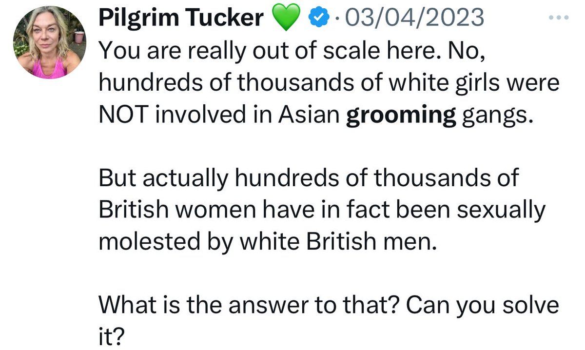 Kellie-Jay Keen (@theposieparker) on Twitter photo <a href="/PilgrimTucker/">Pilgrim Tucker 💚</a> You’re even worse than I thought. I looked at your timeline. The only reference to Pakistani paedophile rape gangs is one to call them British…. The only other mentions of grooming discuss British paedophile perverts in Asia but not to raise awareness, but to divert attention <a href="/PilgrimTucker/">Pilgrim Tucker 💚</a> You’re even worse than I thought. I looked at your timeline. The only reference to Pakistani paedophile rape gangs is one to call them British…. The only other mentions of grooming discuss British paedophile perverts in Asia but not to raise awareness, but to divert attention