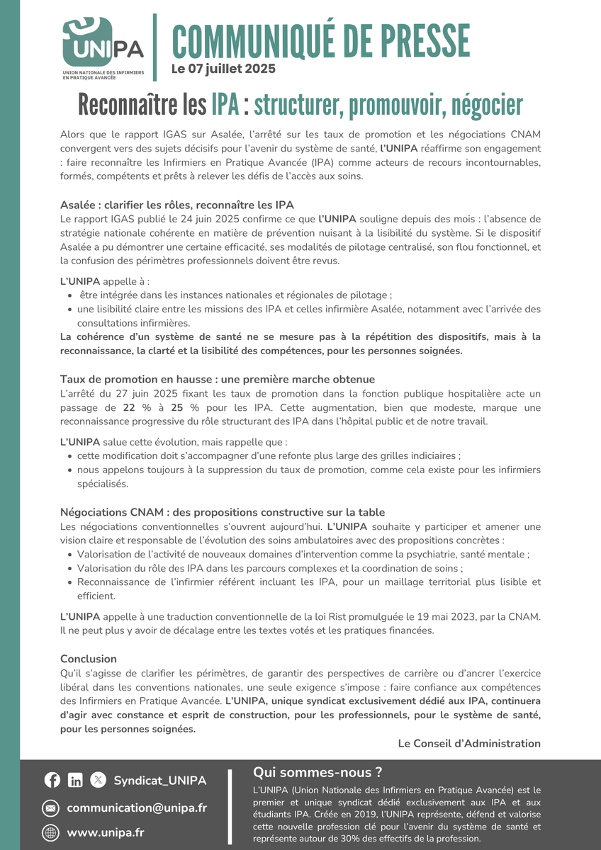 🧭 Structurer. Promouvoir. Négocier - 📣 Le nouveau communiqué de l’UNIPA est en ligne.

➡️ Rapport IGAS Asalée, Taux de promotion, CNAM : les lignes bougent, mais pas sans les Infirmiers en Pratique Avancée.

📌 Clarifier les périmètres, sortir des flous entre IPA et dispositifs