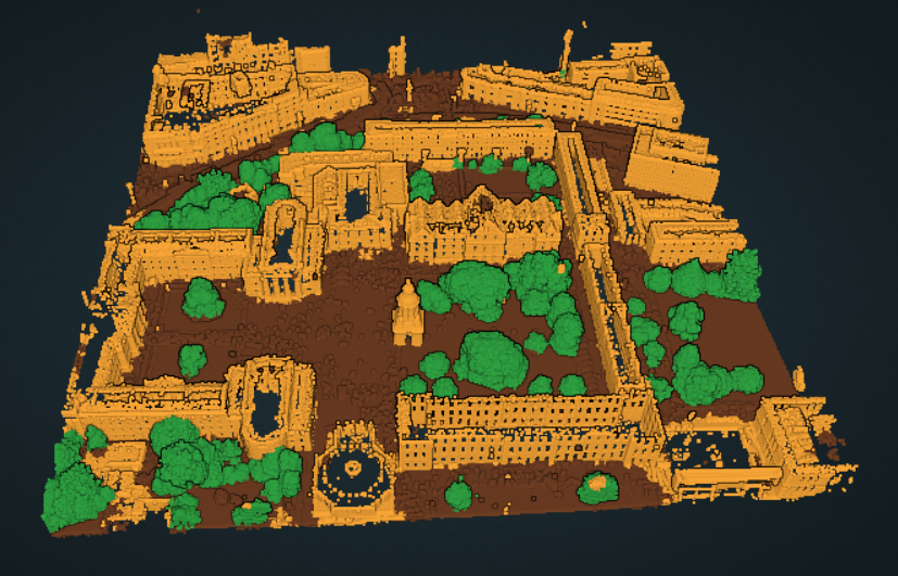 DublinCity（v-sense.scss.tcd.ie/dublincity/）というデータセットを用いて、点群の自動セグメンテーションを行いました。
#PotreeDesktop で表示すると、建物がうまく分類されていることが分かります。建物をオレンジで示しています。