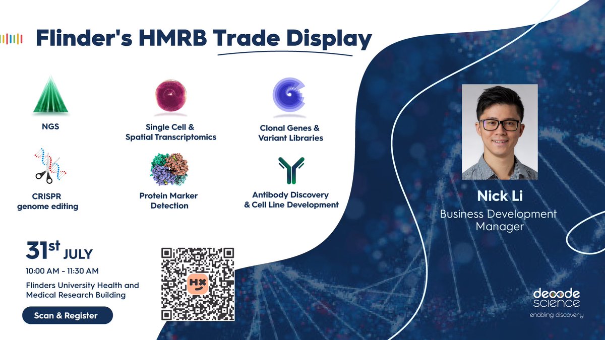 Decode_Science's tweet image. Decode Science will be at Flinders University Health and Medical Research Building for a morning of stunning presentation of genomics solutions!
🎟️ Register here : events.humanitix.com/genomics-and-s…
#SpatialTranscriptomics #Genomics #SingleCell #EnablingDiscovery