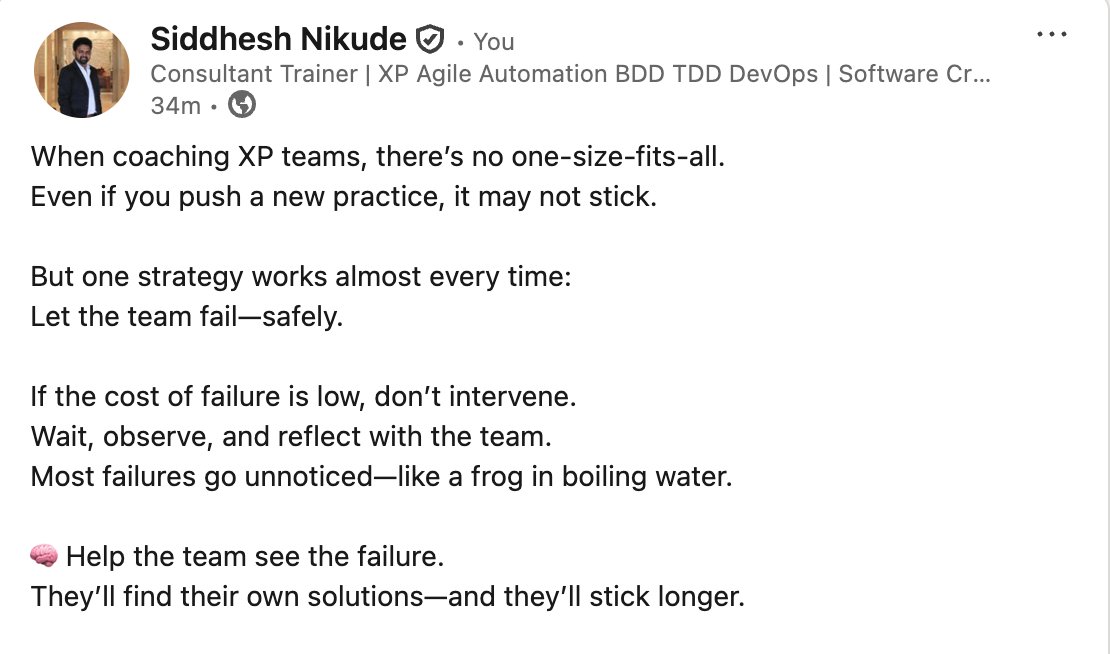 nelkinda's tweet image. 🚨 Coaching XP teams? There's no silver bullet. But one strategy stands out: let them fail—safely.
💡 Real learning happens when teams reflect on failure and discover solutions on their own.
Insight by @SiddheshNikude
#XP #AgileCoaching #SoftwareCraftsmanship  #Nelkinda