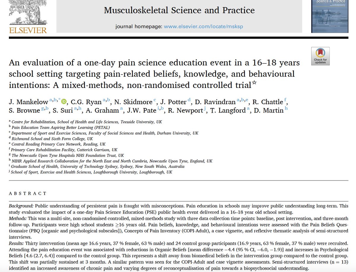 JoshuaWPate's tweet image. New paper led by brilliant UK collaborators:
- Teens thought more broadly about pain,
- said "recovery is possible", and
- behavioural intentions changed.
doi.org/10.1016/j.msks…