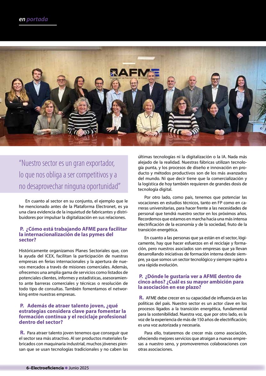 La Revista Electroeficiencia en su edición Nº91 entrevista a  Luis Lopezbarrena, Presidente de AFME.
"AFME debe crecer en su capacidad de influencia en las políticas industriales del país"