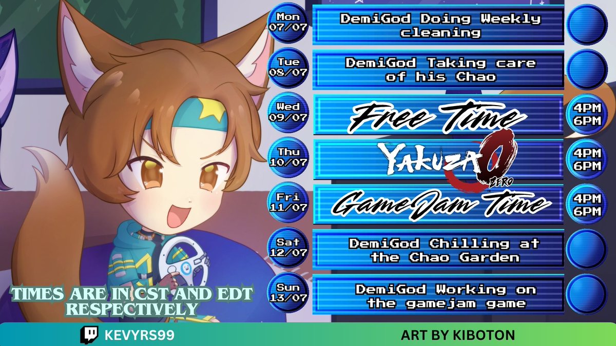KevinYRS9's tweet image. oh boy TWO SCHEDULES?!?
yeah... I am participating on a gamejam so I will be taking that time to do my best to focus & work on it to it's entirety, I hope I'm able to create something fun & cool but we will see, first day of gamejam I will stream part of things related to it