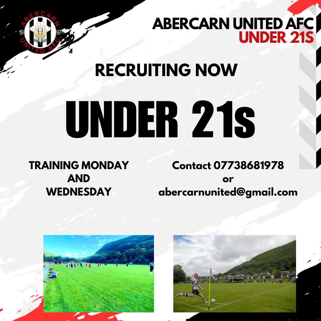 AbercarnUnited's tweet photo. 🖤🤍

We are looking to add players to our Under 21s FAW Development side

For more information contact us on our socials or use the details below!

#AUFC https://t.co/nPTByCCVmL