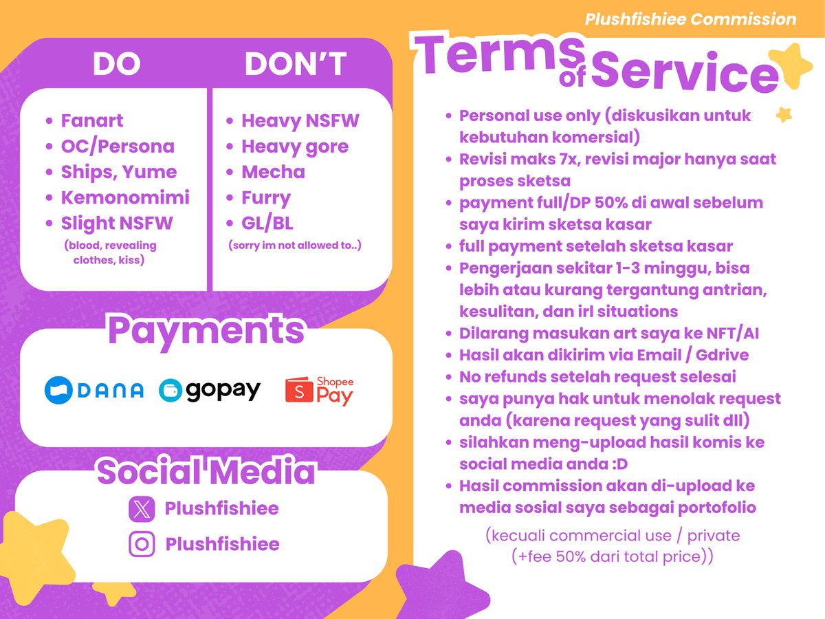 Plushfishiee's tweet image. 🧡UPDATED COMMISSION SHEET💜
Rt’s & likes appreciated!!
feel free to DM!! in case gaada notif, jangan lupa reply di post aku biar ada notif yaa💗
karna udh ada 4 orang di waiting list, aku buka 2 slot lagii for non list, update slot yang tersedia tertera di ‘name’ ku ya :D