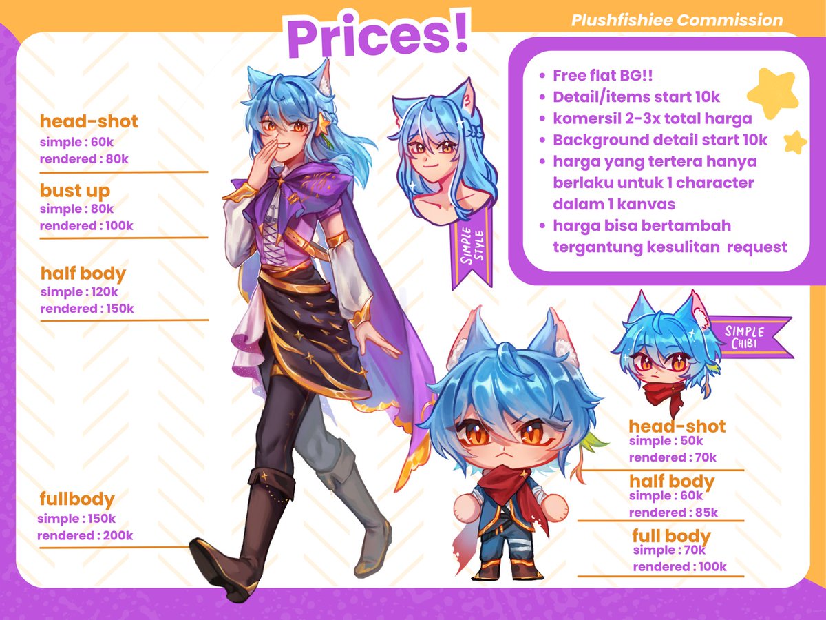 Plushfishiee's tweet image. 🧡UPDATED COMMISSION SHEET💜
Rt’s & likes appreciated!!
feel free to DM!! in case gaada notif, jangan lupa reply di post aku biar ada notif yaa💗
karna udh ada 4 orang di waiting list, aku buka 2 slot lagii for non list, update slot yang tersedia tertera di ‘name’ ku ya :D