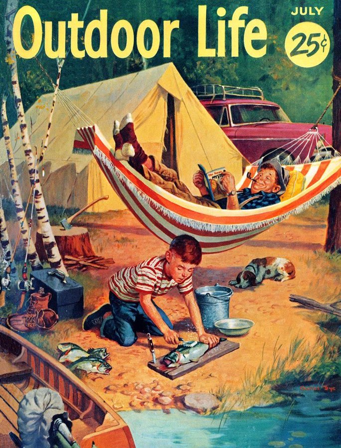 vintageillustra's tweet image. Charles Dye - Cover for Outdoor Life (July 1955)