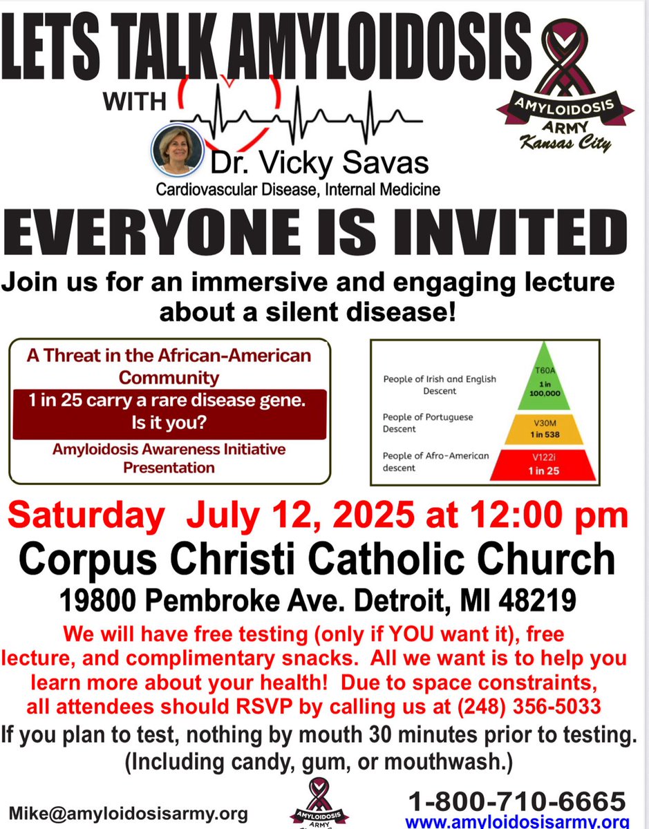 The Amyloidosis Army is presenting a V122I Amyloidosis Awareness presentation July 12th 12:00 noon.  Free genetic testing is available on site. All are welcome!! Special medical speaker Dr. Vicky Savas, Cardiologist specializing in Amyloidosis. Refreshments served.  Come and