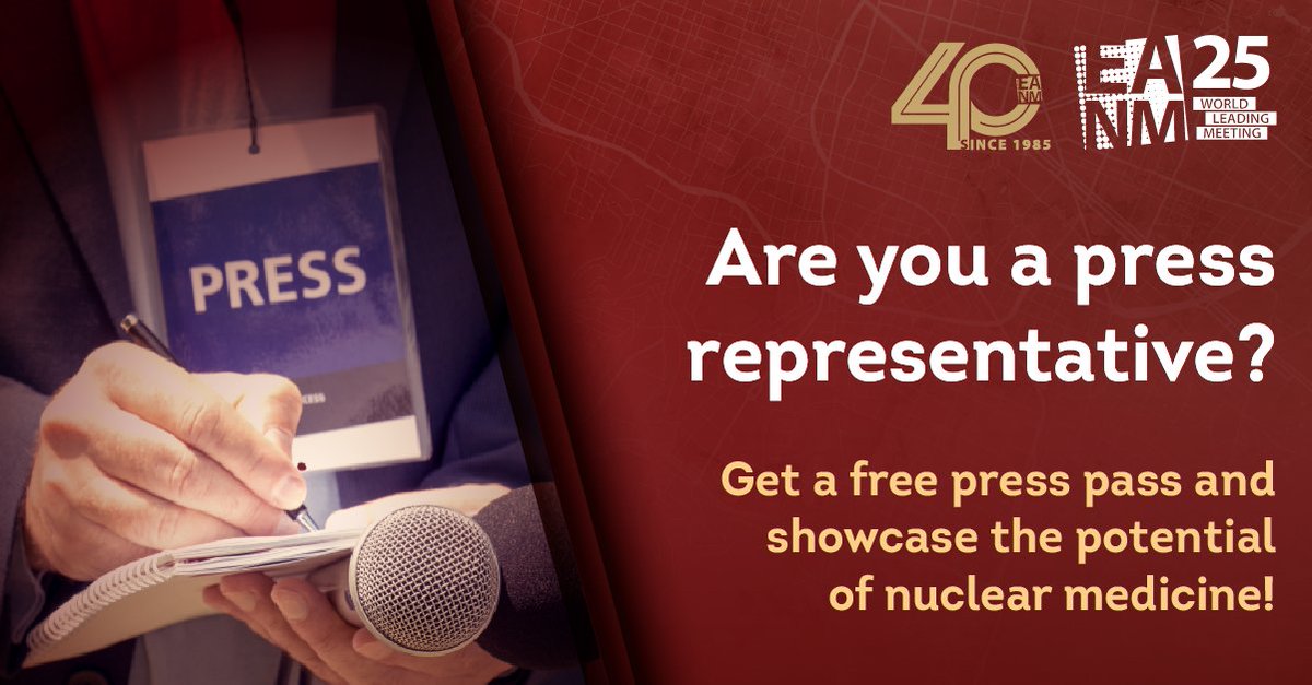 European Association of Nuclear Medicine (EANM) (@eanm_nucmed) on Twitter photo Are you a press representative? Join us at #EANM25 and receive a free press pass!
To apply, send an e-mail to press@eanm.org with:
✔️ A copy of your valid press credentials
✔️ A short summary of the topics you plan to cover
👉 Find out more: eanm25.eanm.org/press/ Are you a press representative? Join us at #EANM25 and receive a free press pass!
To apply, send an e-mail to press@eanm.org with:
✔️ A copy of your valid press credentials
✔️ A short summary of the topics you plan to cover
👉 Find out more: eanm25.eanm.org/press/