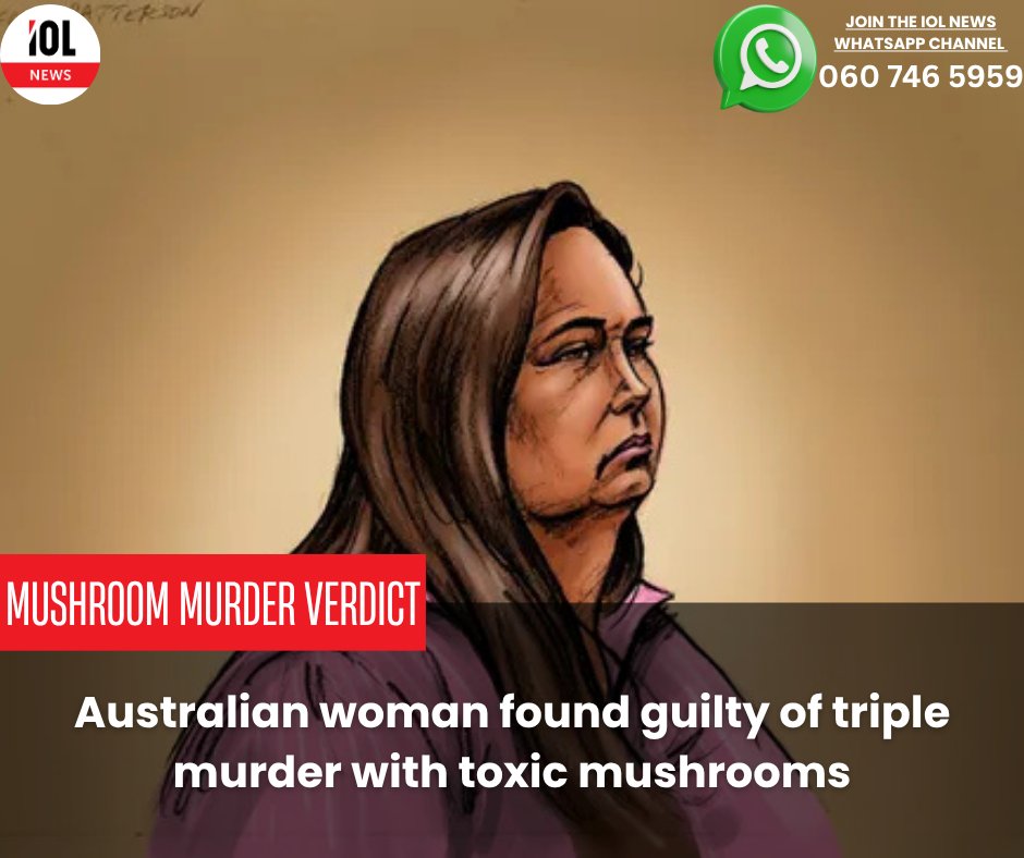 IOL's tweet photo. An Australian woman murdered her husband's parents and aunt by lacing their beef Wellington lunch with toxic mushrooms, a jury found Monday at the climax of a trial watched around the world.
#MushroomMurders #BeefWellington #TrueCrime #ErinPatterson #ToxicLunch #DeathCap #AustraliaNews #CrimeVerdict #JusticeServed #GlobalTrial
Read on https://t.co/mZsHA4F9J1