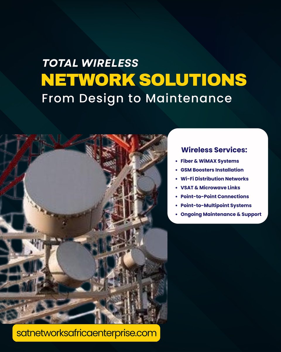 Satnetworks_'s tweet image. Need reliable wireless internet solutions?
SatNetworks has you covered — from VSAT &amp;amp; Microwave Links to Wi-Fi distribution networks, GSM boosters, Fiber &amp;amp; WiMAX systems, etc.

👉 Visit satnetworksafricaenterprise.com

#SatNetworks #WirelessSolutions #InternetKenya #VSAT #WiFiKenya