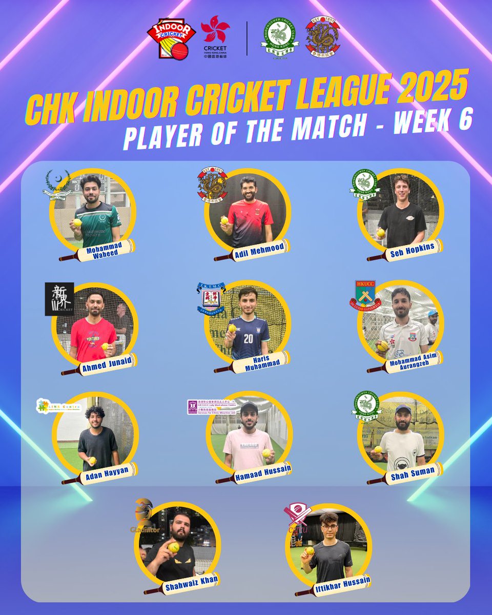 Let’s review and applaud the Player of the Match from Week 6 of the CHK Indoor League 2025! 👏

🔥Keep an eye on our social media accounts for more updates and information.

#HKcricket #cricket #CHKIndoorLeague2025 #CHKLeague