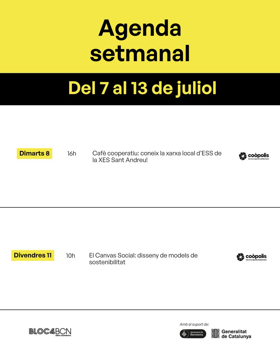 Bloc4BCN - Espai cooperatiu (@bloc4bcn) on Twitter photo Encarem la segona setmana de juliol amb noves formacions de la mà de <a href="/coopolis_bcn/">Coòpolis Barcelona</a>
🔹 Cafè cooperatiu
🔹 El Canvas Social
Consulta tota la informació a la web i apunta't a les sessions que més t’encaixin! 📝
🔗 Totes les formacions requereixen inscripció prèvia. Encarem la segona setmana de juliol amb noves formacions de la mà de <a href="/coopolis_bcn/">Coòpolis Barcelona</a>
🔹 Cafè cooperatiu
🔹 El Canvas Social
Consulta tota la informació a la web i apunta't a les sessions que més t’encaixin! 📝
🔗 Totes les formacions requereixen inscripció prèvia.