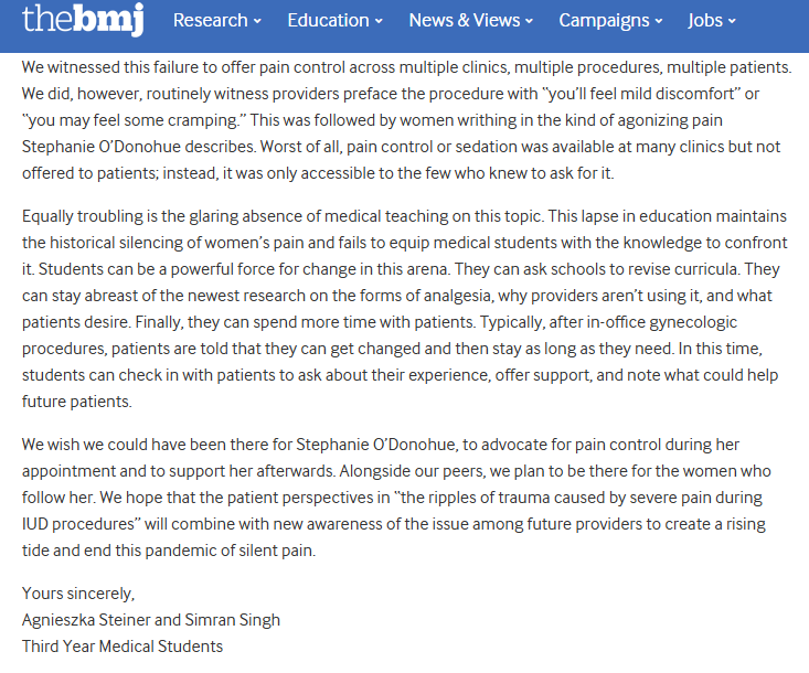 Hysteroscopy Action (@hysteroscopya) on Twitter photo We can't wait for the next generation of gynaecologists to give effective pain control for OP gynae procedures like IUD fitting and hysteroscopy. Here's a wonderful response from ObGyn student Agnieszka Steiner to <a href="/odonohue_steph/">Stephanie O'Donohue</a>'s BMJ article about agonising IUD fitting. We can't wait for the next generation of gynaecologists to give effective pain control for OP gynae procedures like IUD fitting and hysteroscopy. Here's a wonderful response from ObGyn student Agnieszka Steiner to <a href="/odonohue_steph/">Stephanie O'Donohue</a>'s BMJ article about agonising IUD fitting.