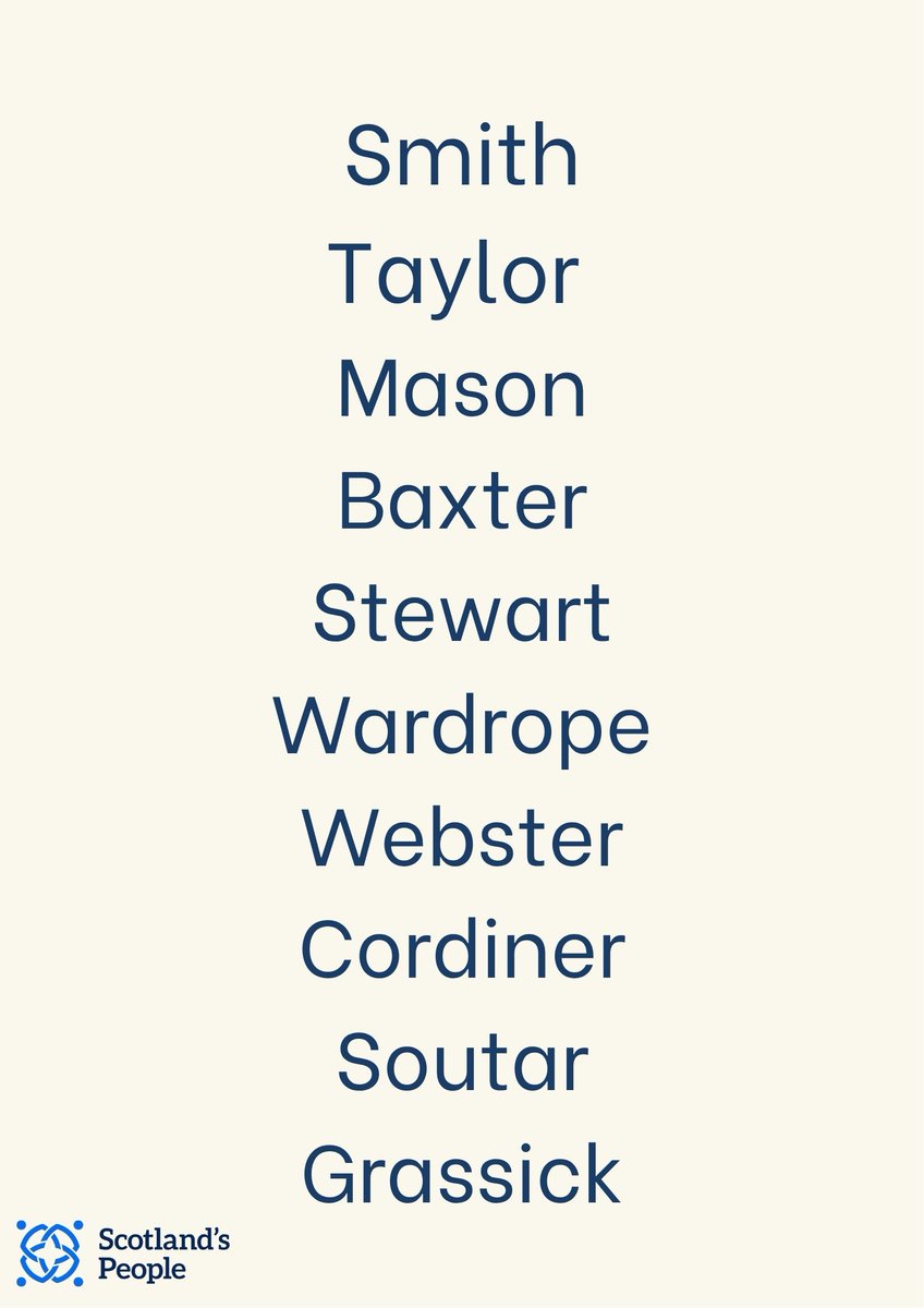 ScotlandsPeople's tweet image. Many common surnames are derived from an ancestor’s trade.
“Baxter” comes from “Baker”, “Stewart” from “steward” and all of “Cordiner,” Soutar” and “Grassick” meant “shoemaker”.
Find out more about Scottish surnames
bit.ly/SurnamesSP