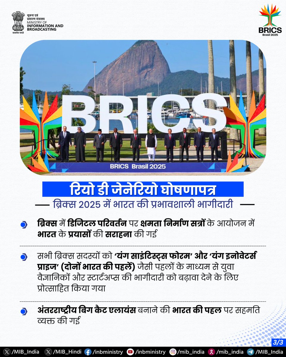 MIB_Hindi's tweet photo. वैश्विक मंच पर भारत की बुलंद आवाज! 🌍🇮🇳

#BRICSSummit2025 में भारत के दृष्टिकोण को मिला व्यापक वैश्विक समर्थन। 🤝

#RiodeJaneiroDeclaration की प्रमुख घोषणाओं पर एक नजर।

#BRICS #17thBRICSSummit #IndiaAtBRICS https://t.co/v1W1F4dJFl