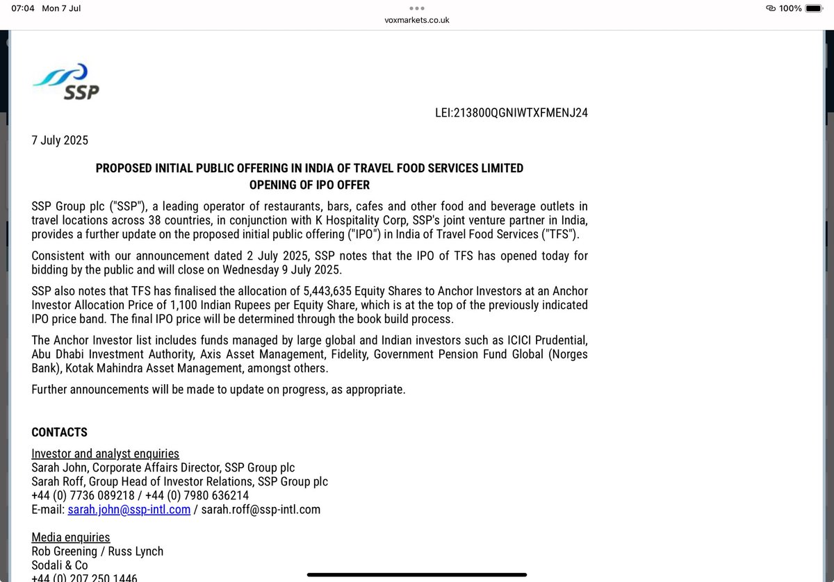 #SSPG The market liked the IPO of SSP’s Indian business with the shares rising +13.9% over the last month

Today we learn that “Investor Allocation Price of 1,100 Indian Rupees per Equity Share, which is at the top of the previously indicated IPO price band”
Good to see 👀👍