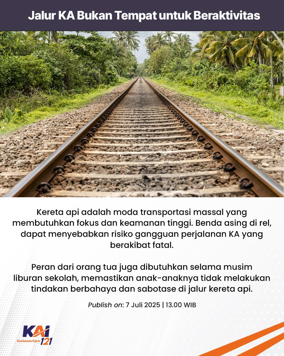 Kereta Api Indonesia (@kai121) on Twitter photo ๐๐ฎ๐ป๐ด๐ฎ๐ป ๐๐๐ฒ๐ป๐ด! ๐ฆ๐๐ผ๐ฝ ๐ ๐ฒ๐น๐ฒ๐๐ฎ๐ธ๐ธ๐ฎ๐ป ๐๐ฎ๐๐ ๐๐ฎ๐น๐น๐ฎ๐๐ ๐ฑ๐ถ ๐ฎ๐๐ฎ๐ ๐ฅ๐ฒ๐น ๐๐ฒ๐ฟ๐ฒ๐๐ฎ ๐๐ฝ๐ถ ๐ซ
Bikin konten buat ikutin tren menumpuk batu ballast di atas rel, supaya kontennya viral? Duh, nggak banget, Guys! Itu bahaya dan masuk tindakan pidana! ๐ก ๐๐ฎ๐ป๐ด๐ฎ๐ป ๐๐๐ฒ๐ป๐ด! ๐ฆ๐๐ผ๐ฝ ๐ ๐ฒ๐น๐ฒ๐๐ฎ๐ธ๐ธ๐ฎ๐ป ๐๐ฎ๐๐ ๐๐ฎ๐น๐น๐ฎ๐๐ ๐ฑ๐ถ ๐ฎ๐๐ฎ๐ ๐ฅ๐ฒ๐น ๐๐ฒ๐ฟ๐ฒ๐๐ฎ ๐๐ฝ๐ถ ๐ซ
Bikin konten buat ikutin tren menumpuk batu ballast di atas rel, supaya kontennya viral? Duh, nggak banget, Guys! Itu bahaya dan masuk tindakan pidana! ๐ก