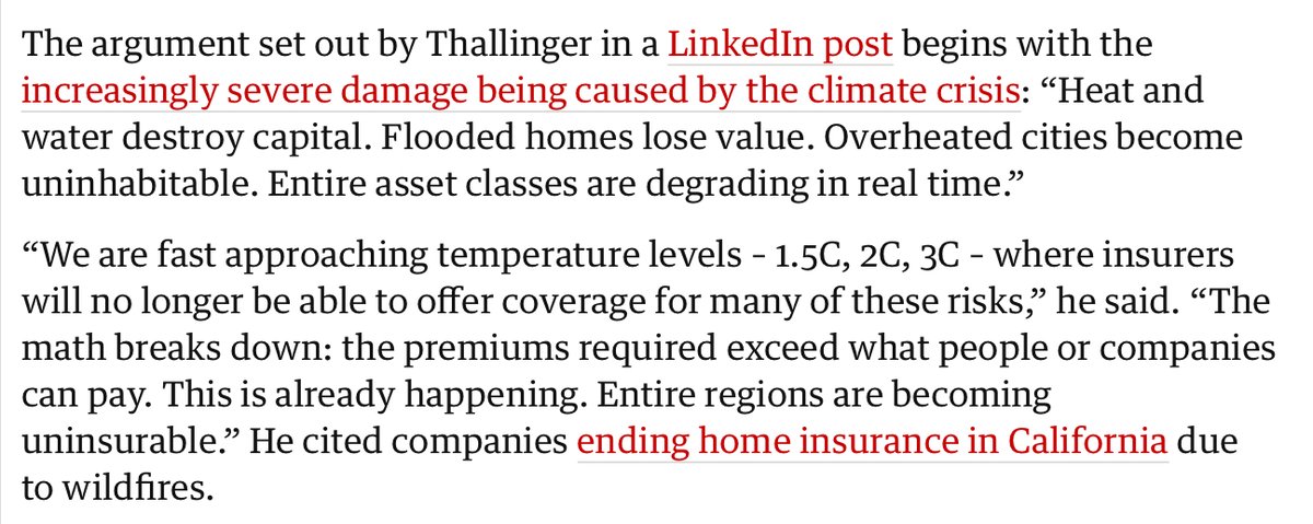 Günther Thallinger Vorstandsmitglied der größten Versicherung der Welt, die <a href="/Allianz/">Allianz</a>  Versicherung, schreibt im Guardian und auf Linkedin, dass bei +3°C Erwärmung, viele Teile der Welt nicht mehr versicherbar sind und damit die Grundlage des Kapitalismus zusammenbricht.