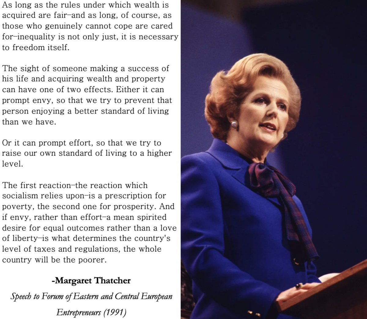 realmrsthatcher's tweet image. As long as the rules under which wealth is acquired are fair—and as long, of course, as those who genuinely cannot cope are cared for—inequality is not only just, it is necessary to freedom itself.
The sight of someone making a success of his life and acquiring wealth and…