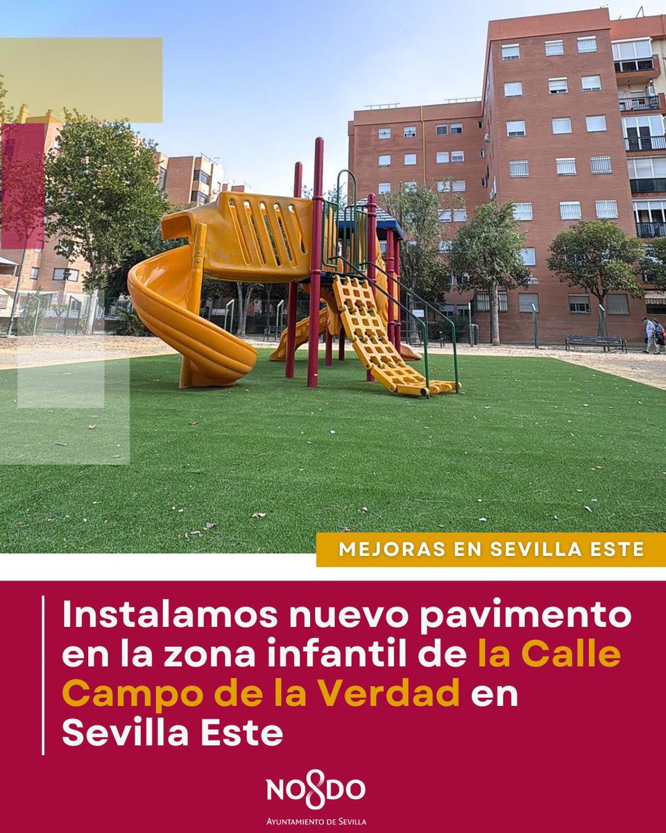 👉🏻 El parque infantil de la Calle Campo de la Verdad de #SevillaEste ya cuenta con nuevo suelo 

👍🏻 Continuamos renovando las zonas infantiles de nuestro #DistritoEsteAlcosaTorreblanca 

#SevillaEstáEnMarcha