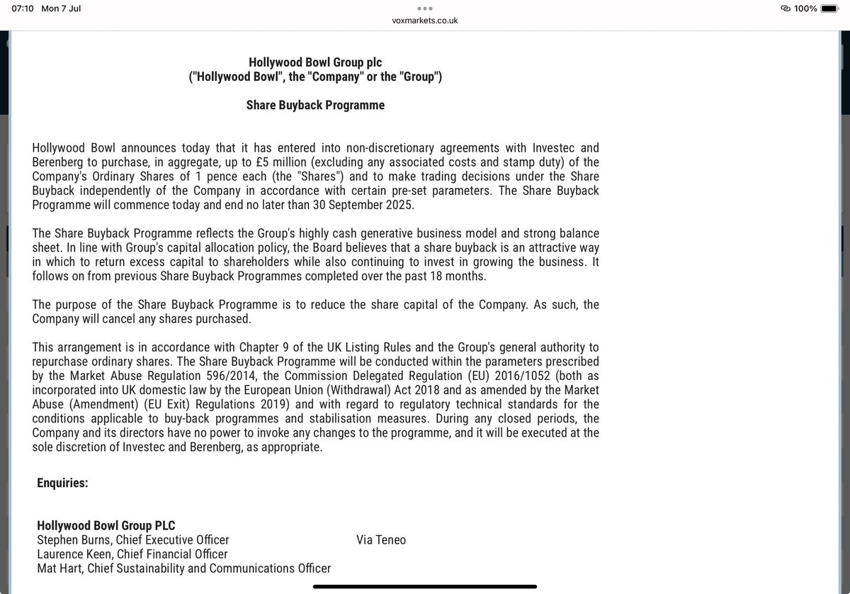 #BOWL A further £5m share buyback is announced ⬇️

The shares have continued to slide after their sales impacted by the warmer spring weather- sounds like the market expects them to remain affected with our continued good weather into the summer months🤔 👀