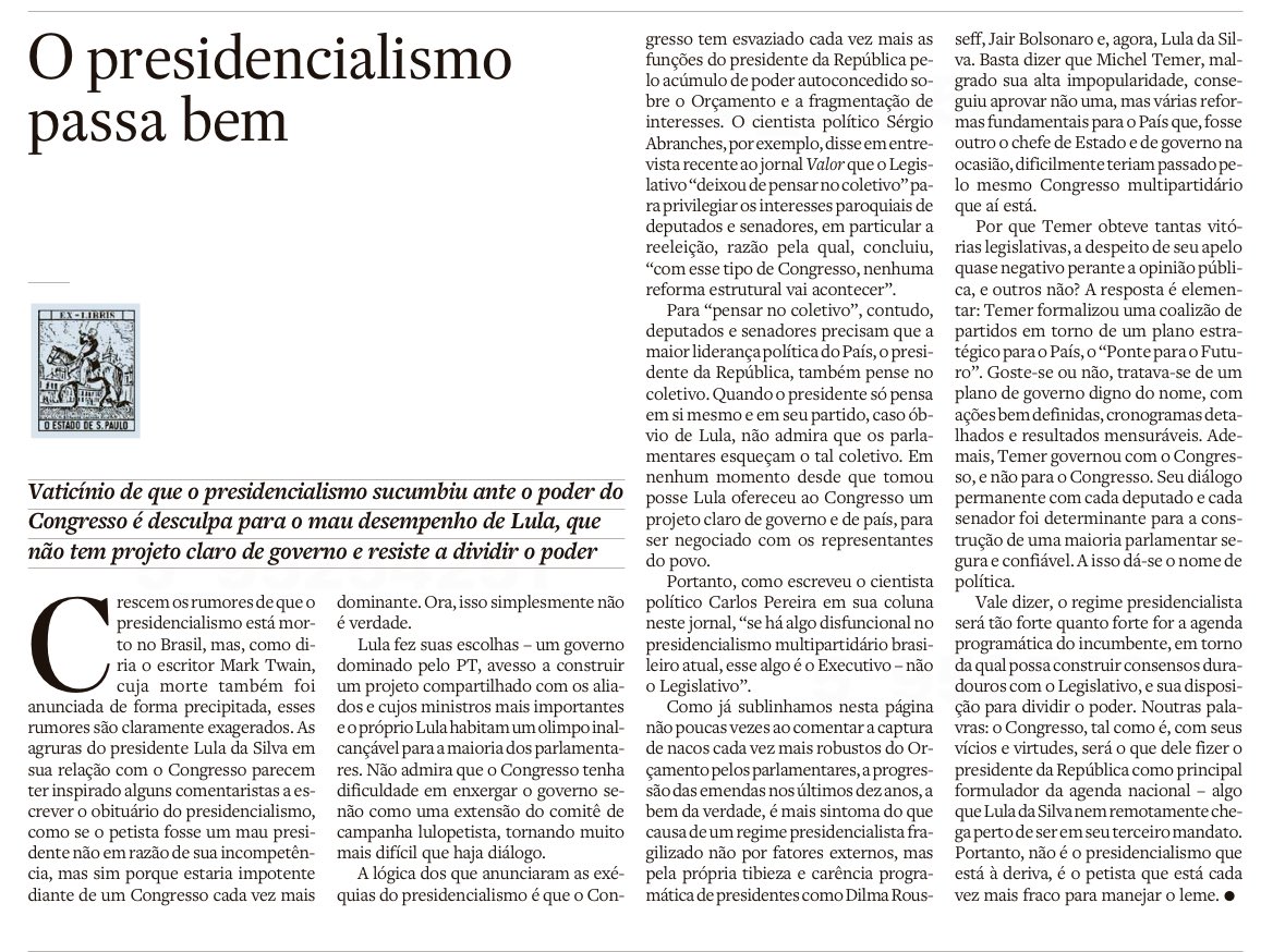 pereir12's tweet image. Editorial do @Estadao da sequência ao debase sobre a saúde do presidencialismo de coalizão com @abranches e @NPTO. Ver cenas dos próximos capítulos…