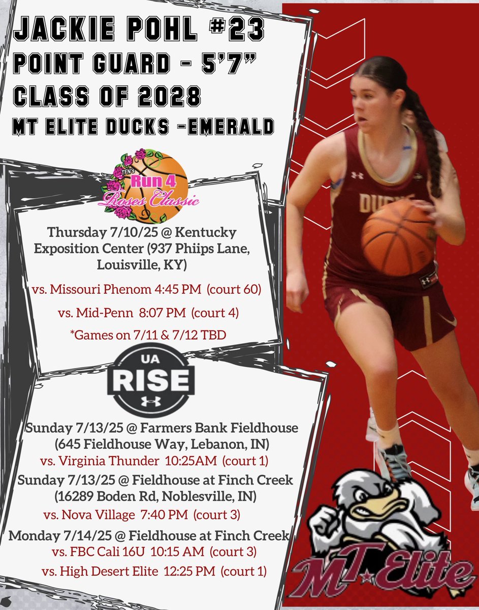 Jackie Pohl (@jackie231608) on Twitter photo Looking forward to competing at the <a href="/TFNsRun4Roses/">TFN's Run 4 Roses</a> tournament and Session 2 of the <a href="/UARiseGirls/">UA Rise Girls I Basketball</a> circuit this upcoming week with my team!
<a href="/mdell74/">Matt DellaBarba</a> <a href="/MTEliteDucks/">MT Elite Ducks</a> <a href="/AllieScarpa/">Allie</a> <a href="/TimLopes9/">Coach Tim Lopes</a> <a href="/hoopsreview/">Hoops Review</a> <a href="/PGHNewEngland/">Prep Girls Hoops New England</a> Looking forward to competing at the <a href="/TFNsRun4Roses/">TFN's Run 4 Roses</a> tournament and Session 2 of the <a href="/UARiseGirls/">UA Rise Girls I Basketball</a> circuit this upcoming week with my team!
<a href="/mdell74/">Matt DellaBarba</a> <a href="/MTEliteDucks/">MT Elite Ducks</a> <a href="/AllieScarpa/">Allie</a> <a href="/TimLopes9/">Coach Tim Lopes</a> <a href="/hoopsreview/">Hoops Review</a> <a href="/PGHNewEngland/">Prep Girls Hoops New England</a>