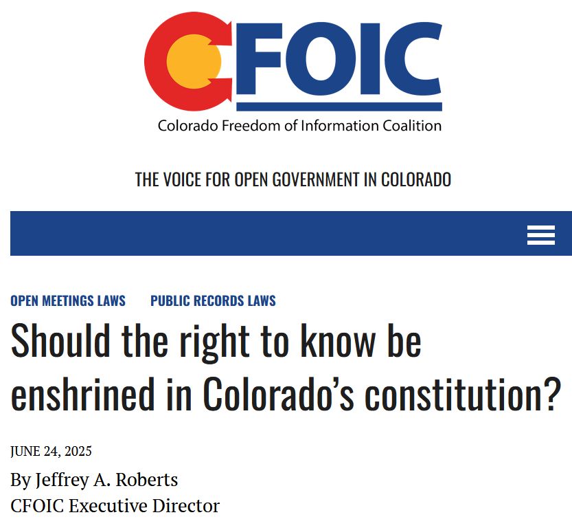 FreeStateColorado (@freestatecolor1) on Twitter photo This could be MONUMENTAL for Colorado!
Important article on a potential pro-liberty ballot measure for 2026:
From the <a href="/CoFOIC/">Colorado Freedom of Information Coalition</a> article: "Fortifying the right to know in a state constitution can serve two purposes: 1) giving weight to public access when legal disputes arise and This could be MONUMENTAL for Colorado!
Important article on a potential pro-liberty ballot measure for 2026:
From the <a href="/CoFOIC/">Colorado Freedom of Information Coalition</a> article: "Fortifying the right to know in a state constitution can serve two purposes: 1) giving weight to public access when legal disputes arise and