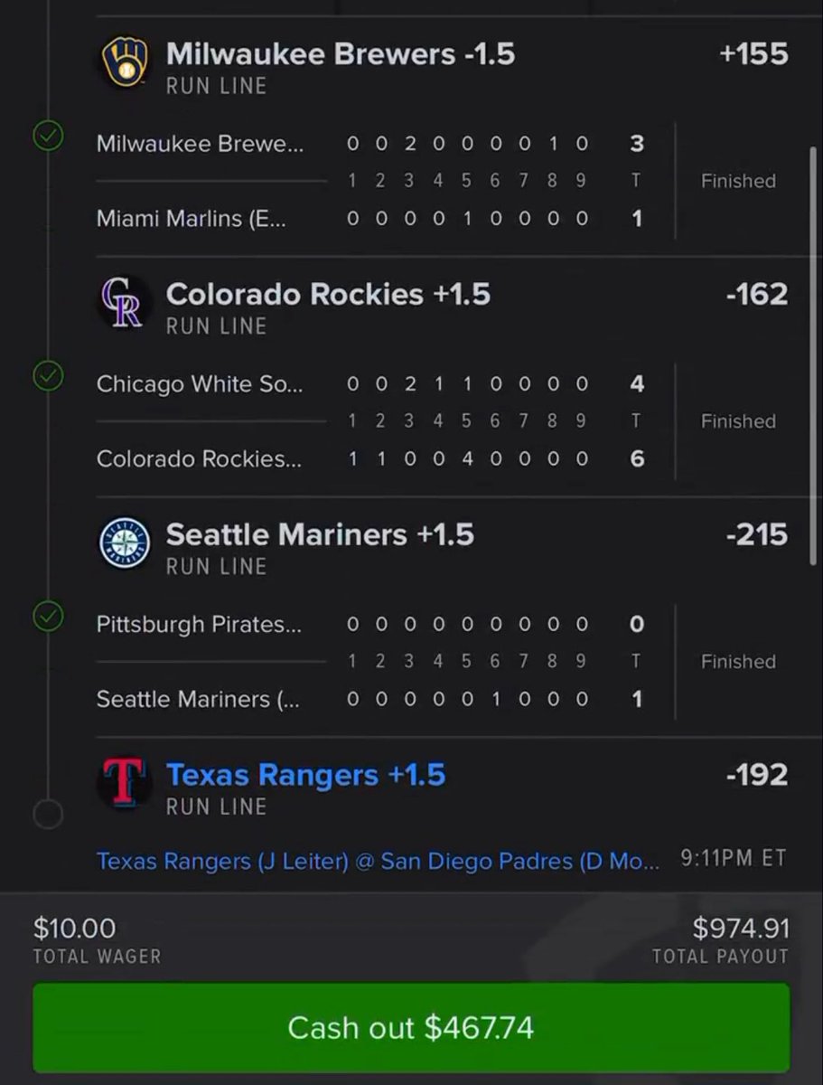 One of my followers needs cash out advice...  

He's already cashed 7 legs of a parlay he built using my MLB Model, he just needs Rangers +1.5.

His current cash out offer is $467.  

If he lets it ride it could hit for $974 👀