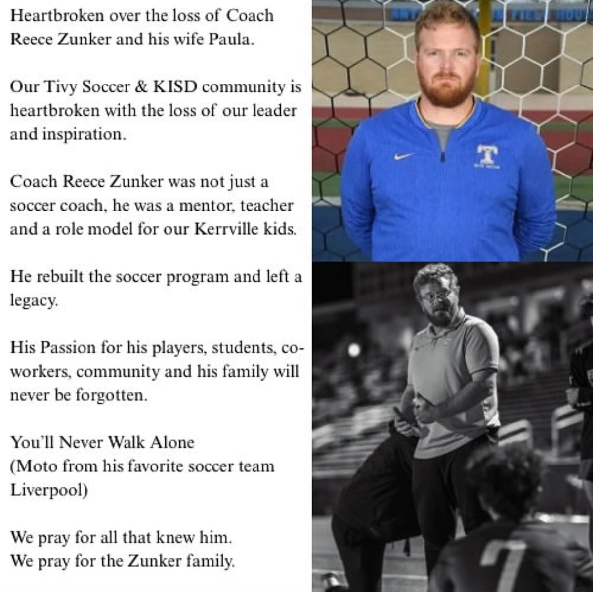 We are heartbroken over the loss of Coach Zunker and his wife, Paula. They were incredible leaders in our community. Our love and prayers go out to their family, friends, and everyone who was blessed to know them.
